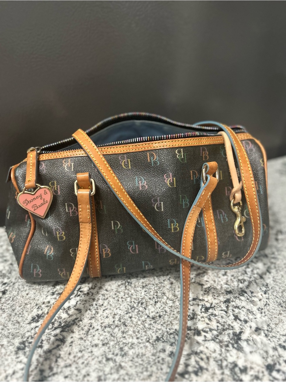 Dooney & Bourke Brown Multicolor DB Logo Barrel Bag with Tan Trim